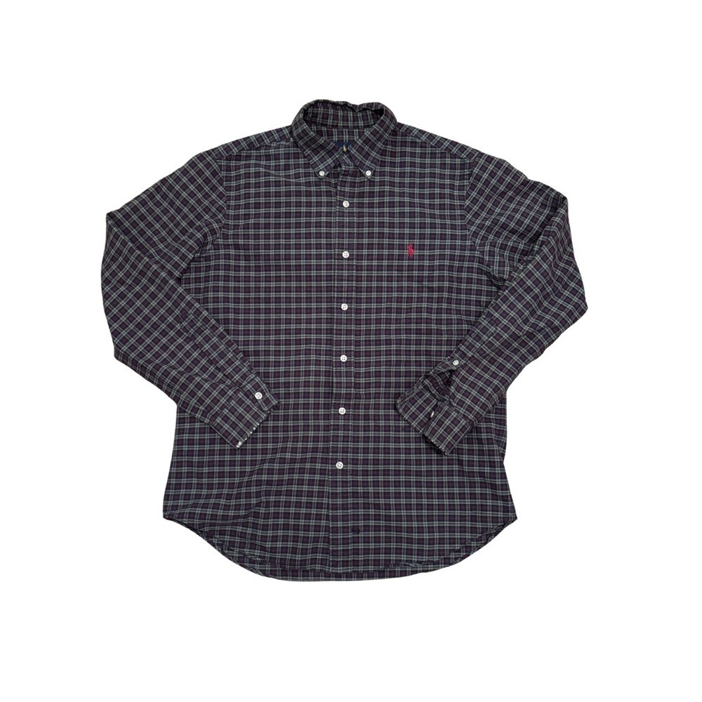 Ralph Lauren Men's Navy and Green Plaid Shirt